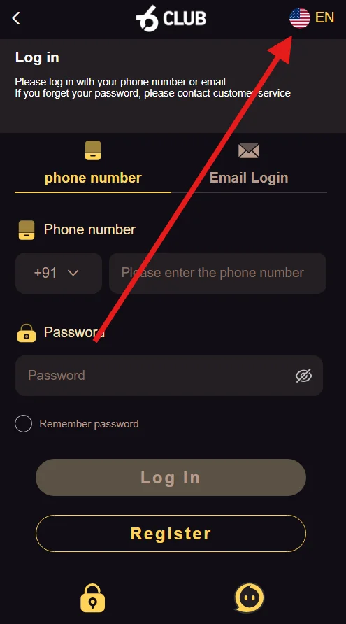An image from the login page with an arrow pointing towards the language change option.